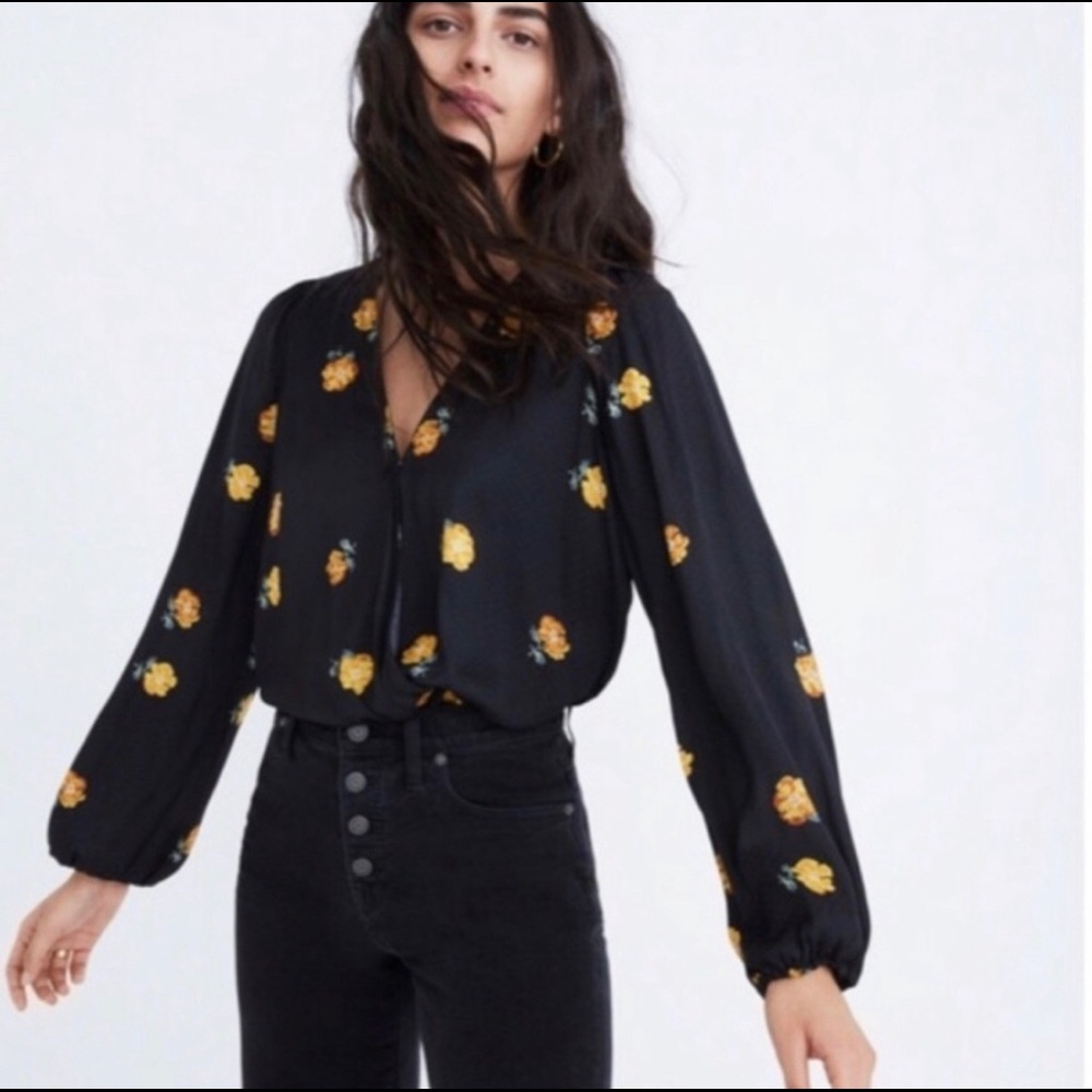 Madewell Floral Black Wrap Top Yellow Flowers